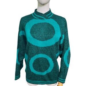 Vintage Knitwaves USA Teal Black Circle Pattern Sweater 80s Retro Acrylic S/M